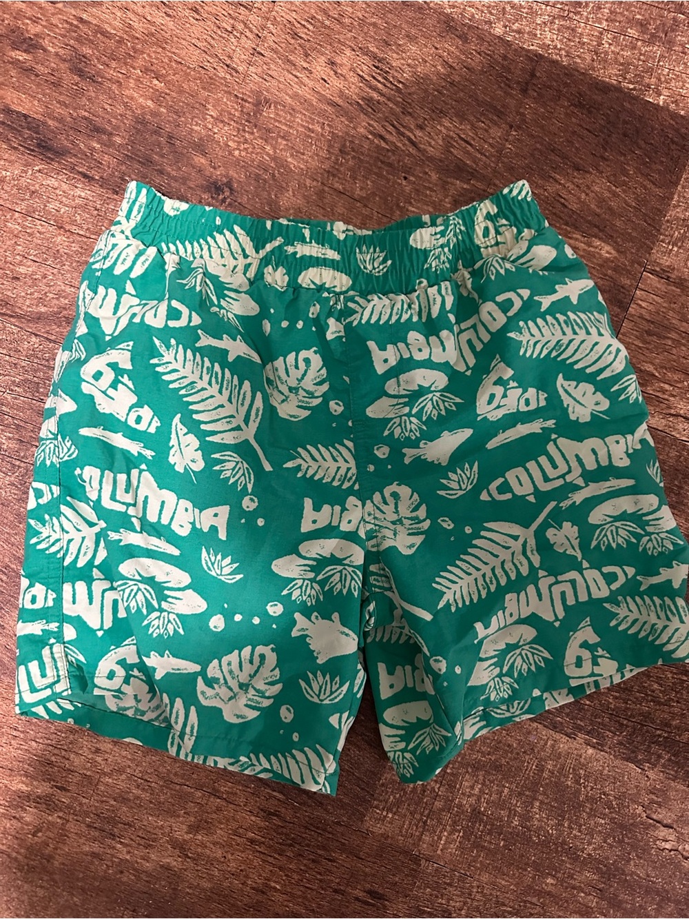 Columbia Teal Swim Trunks with White Tropical Print